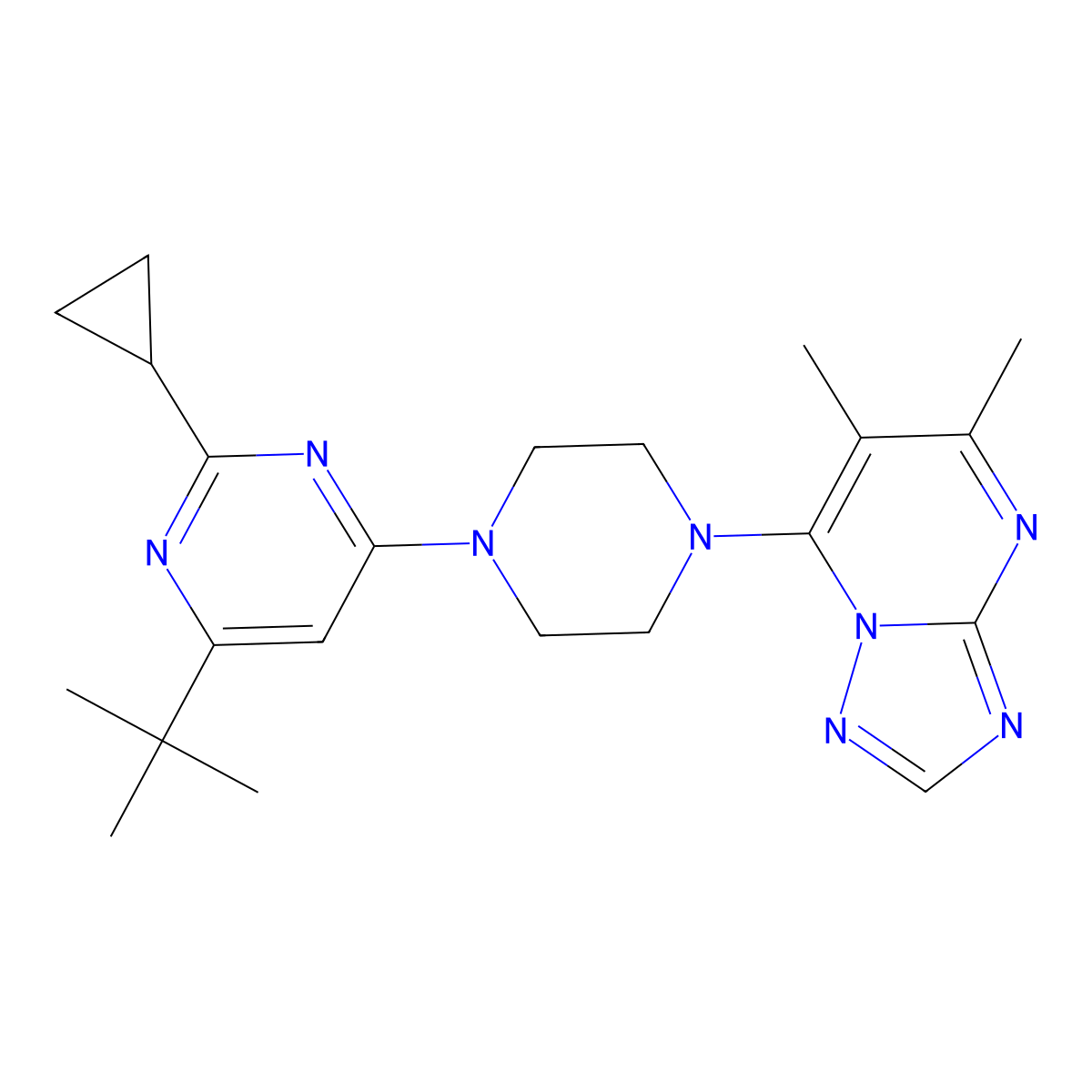 4-Tert-butyl-2-cyclopropyl-6-(4-{5,6-dimethyl-[1,2,4]triazolo[1,5-a]pyrimidin-7-yl}piperazin-1-yl)pyrimidine molecular structure, CAS 2548996-57-0