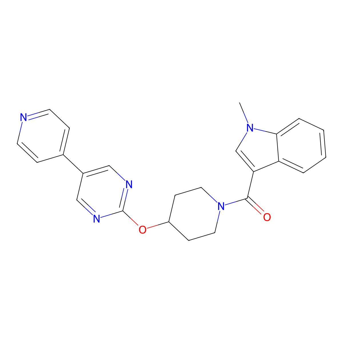 1-methyl-3-(4-{[5-(pyridin-4-yl)pyrimidin-2-yl]oxy}piperidine-1-carbonyl)-1H-indole molecular structure, CAS 2548996-63-8
