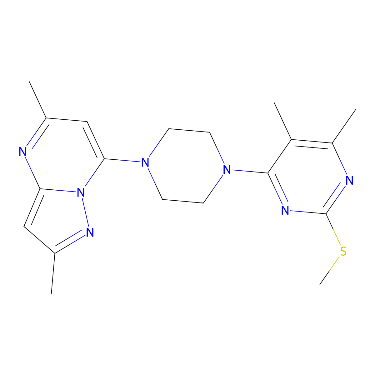 4-(4-{2,5-Dimethylpyrazolo[1,5-a]pyrimidin-7-yl}piperazin-1-yl)-5,6-dimethyl-2-(methylsulfanyl)pyrimidine molecular structure, CAS 2548996-64-9