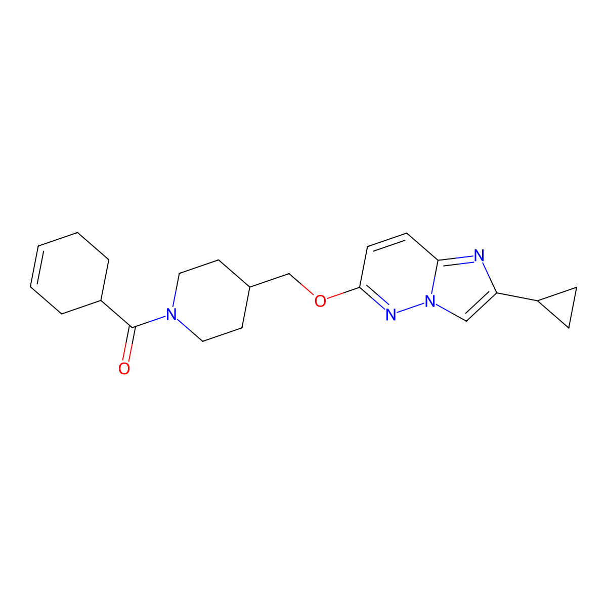 1-(Cyclohex-3-ene-1-carbonyl)-4-[({2-cyclopropylimidazo[1,2-b]pyridazin-6-yl}oxy)methyl]piperidine molecular structure, CAS 2548996-83-2