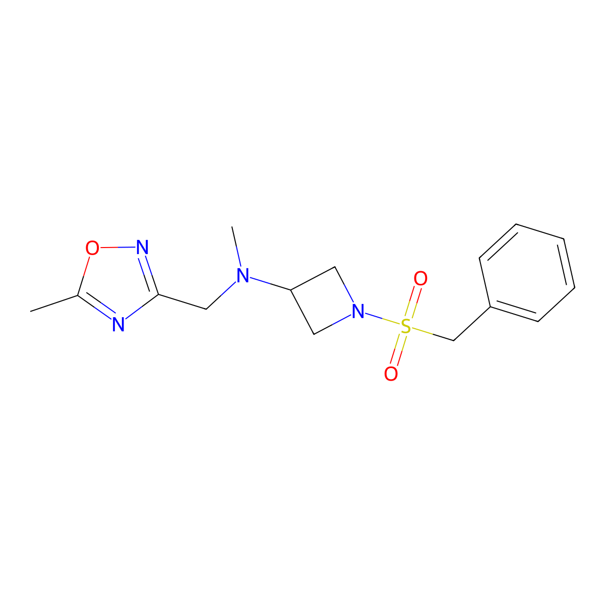 N-methyl-N-[(5-methyl-1,2,4-oxadiazol-3-yl)methyl]-1-phenylmethanesulfonylazetidin-3-amine molecular structure, CAS 2548996-87-6