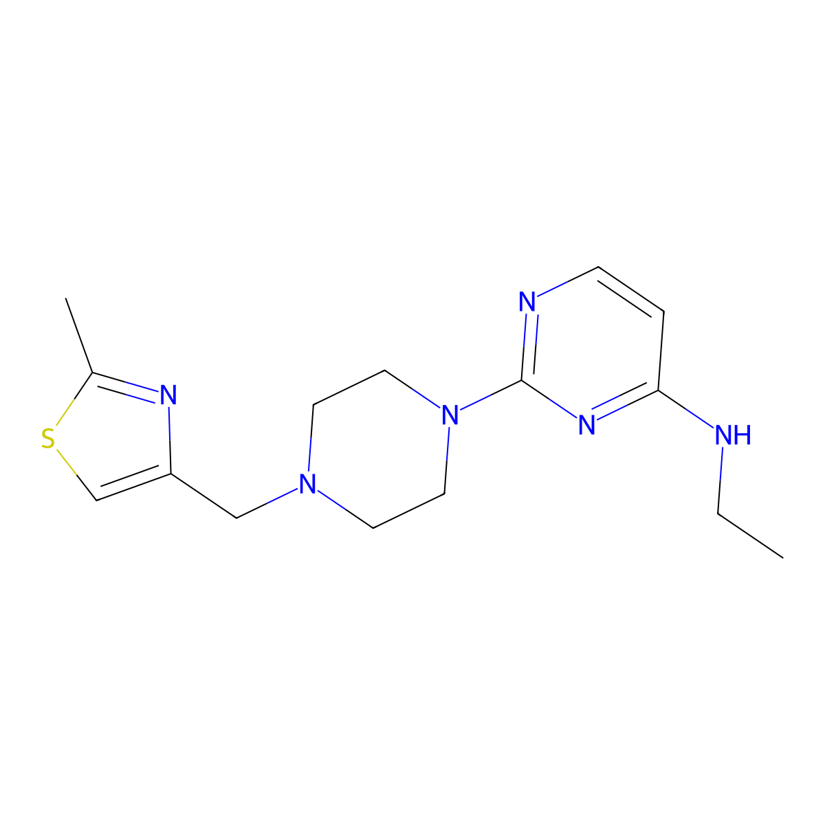 N-ethyl-2-{4-[(2-methyl-1,3-thiazol-4-yl)methyl]piperazin-1-yl}pyrimidin-4-amine molecular structure, CAS 2548996-89-8