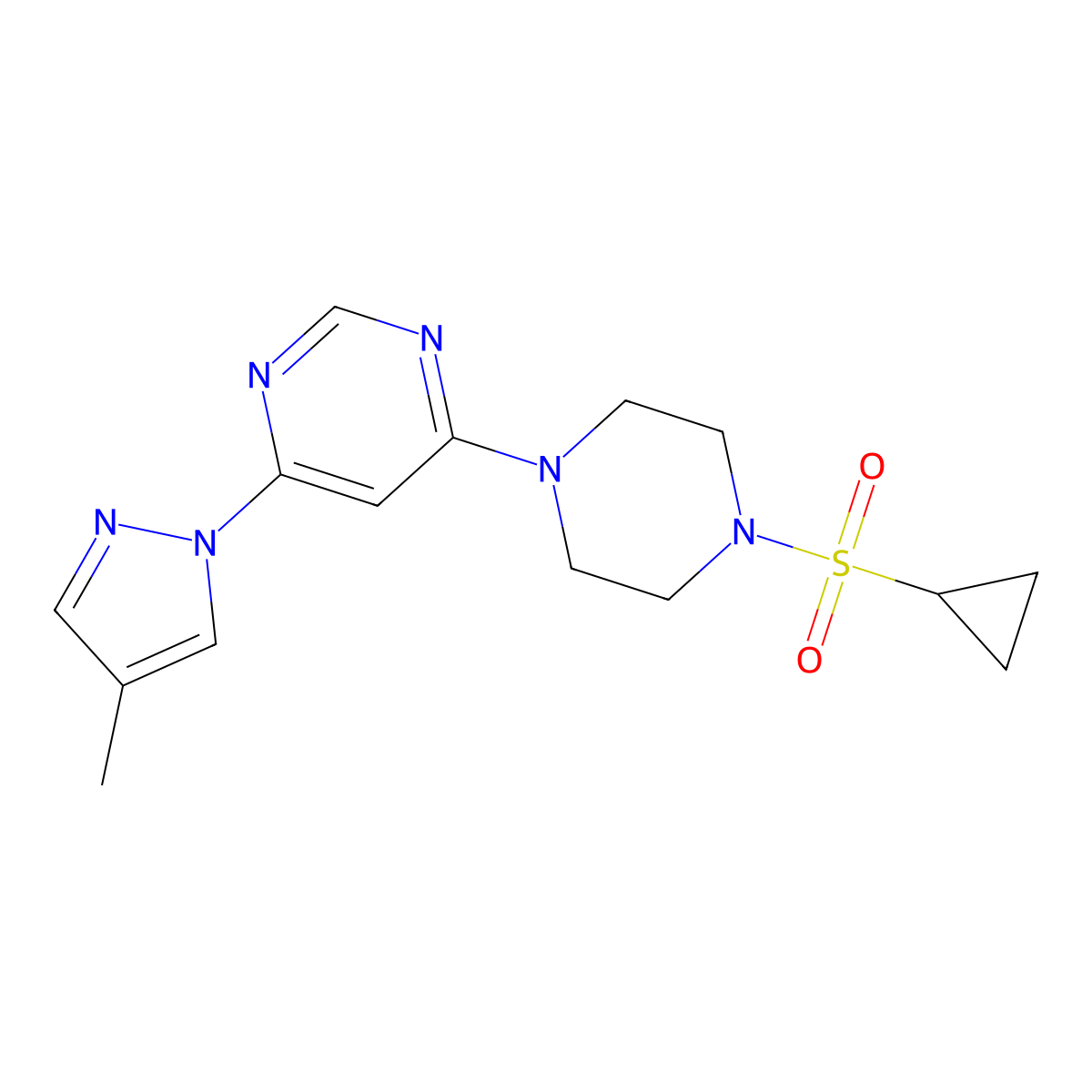4-[4-(cyclopropanesulfonyl)piperazin-1-yl]-6-(4-methyl-1H-pyrazol-1-yl)pyrimidine molecular structure, CAS 2548996-91-2