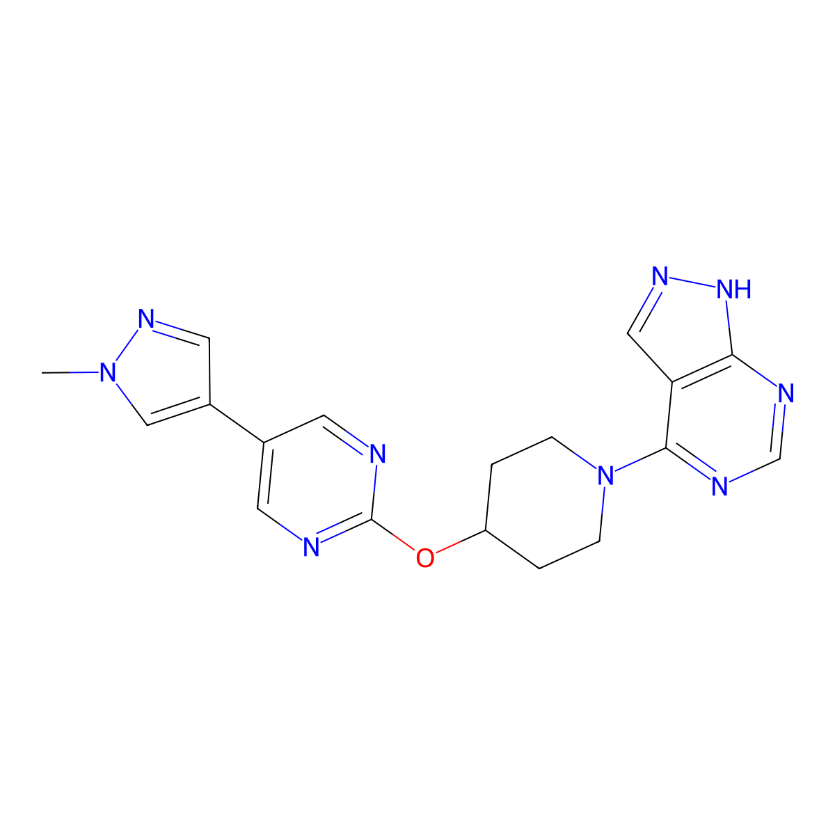 5-(1-methyl-1H-pyrazol-4-yl)-2-[(1-{1H-pyrazolo[3,4-d]pyrimidin-4-yl}piperidin-4-yl)oxy]pyrimidine molecular structure, CAS 2548996-98-9