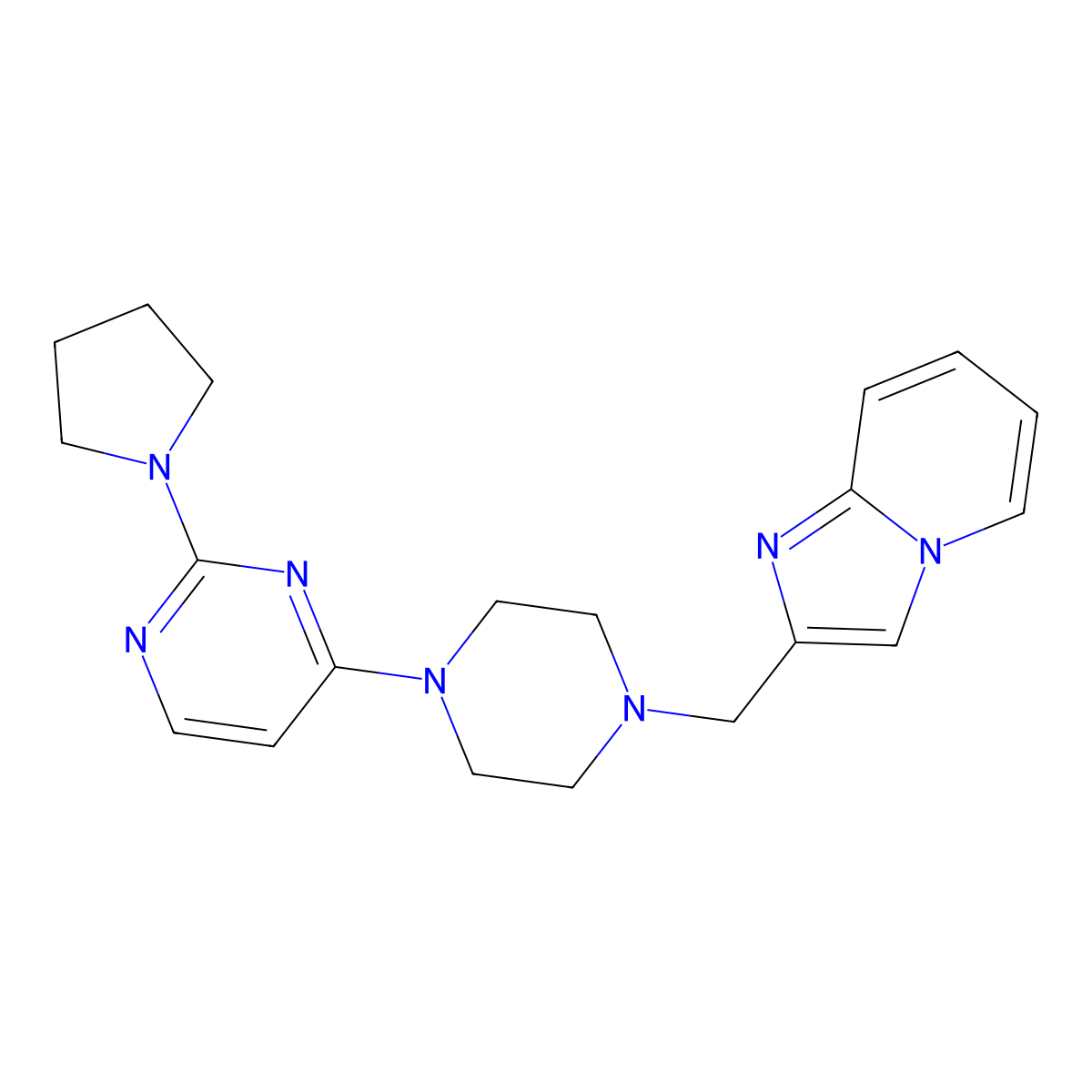 4-[4-({Imidazo[1,2-a]pyridin-2-yl}methyl)piperazin-1-yl]-2-(pyrrolidin-1-yl)pyrimidine molecular structure, CAS 2548997-00-6