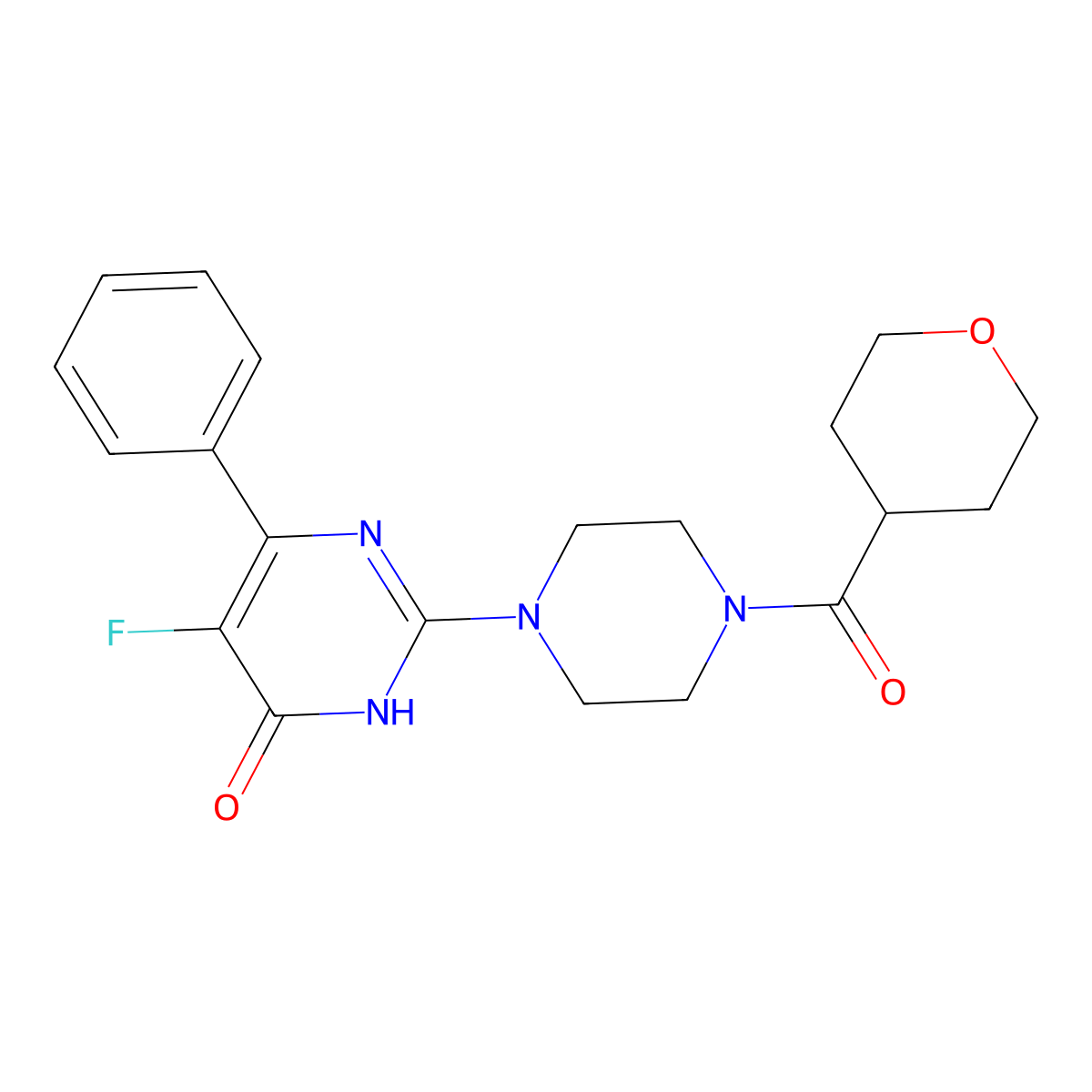 5-Fluoro-2-[4-(oxane-4-carbonyl)piperazin-1-yl]-6-phenyl-3,4-dihydropyrimidin-4-one molecular structure, CAS 2548997-03-9