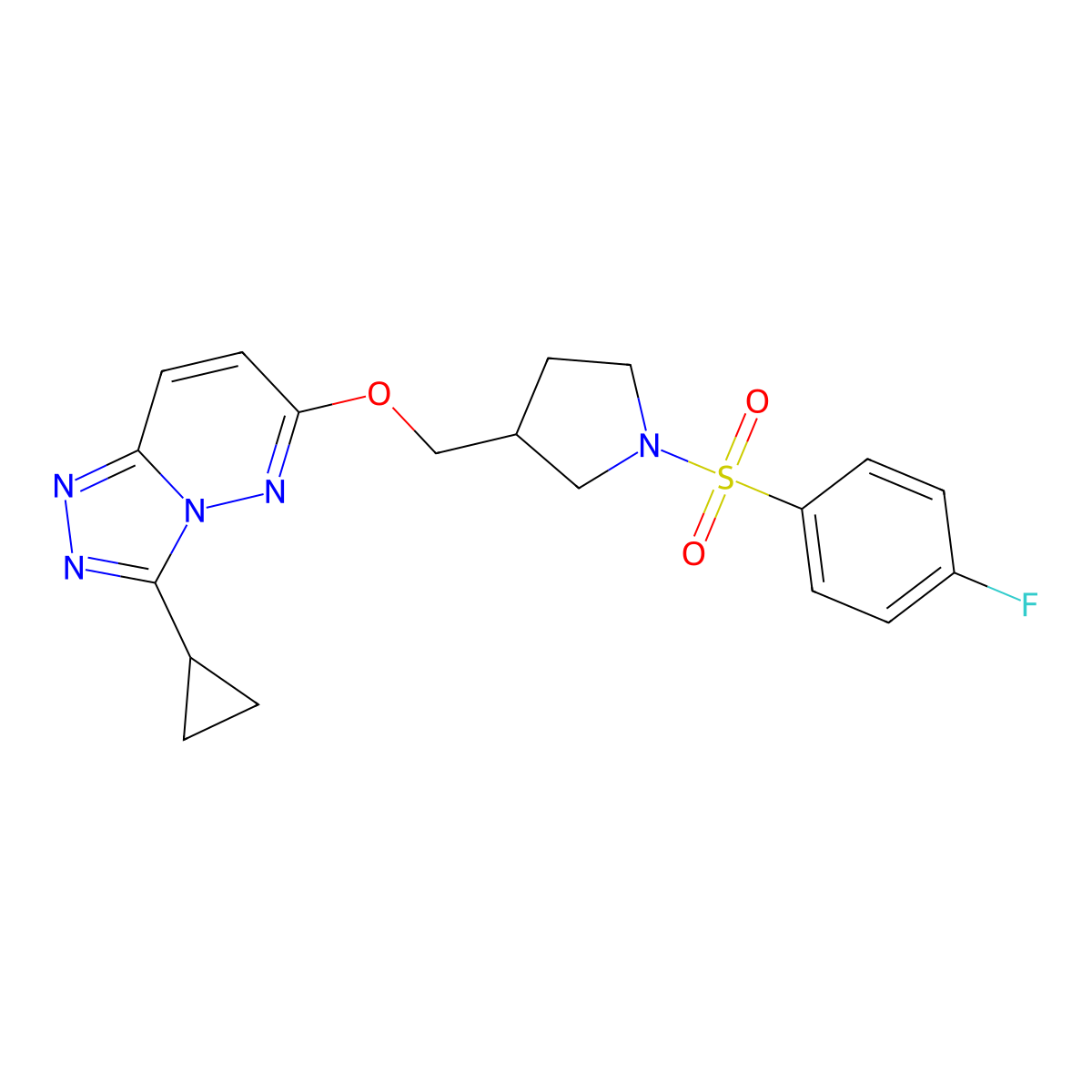 3-[({3-Cyclopropyl-[1,2,4]triazolo[4,3-b]pyridazin-6-yl}oxy)methyl]-1-(4-fluorobenzenesulfonyl)pyrrolidine molecular structure, CAS 2548997-08-4