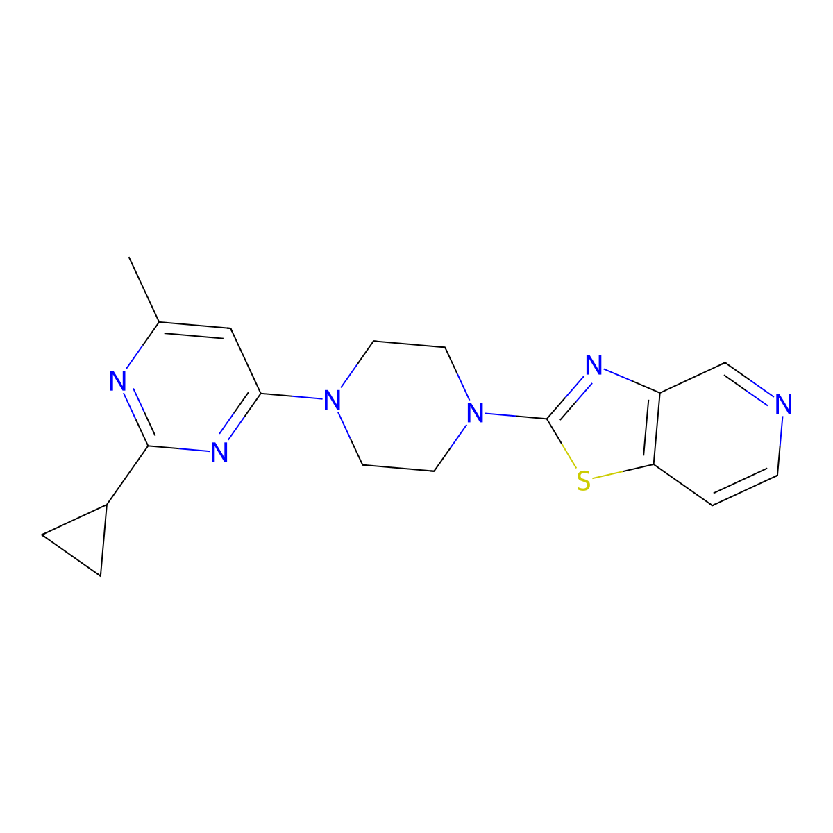 2-Cyclopropyl-4-methyl-6-(4-{[1,3]thiazolo[4,5-c]pyridin-2-yl}piperazin-1-yl)pyrimidine molecular structure, CAS 2548997-16-4