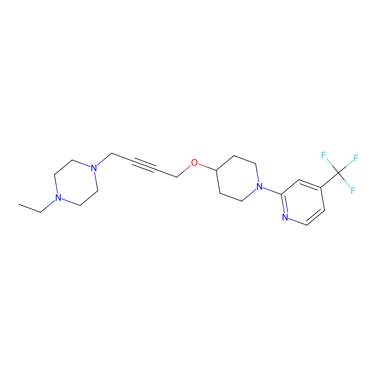 1-Ethyl-4-[4-({1-[4-(trifluoromethyl)pyridin-2-yl]piperidin-4-yl}oxy)but-2-yn-1-yl]piperazine molecular structure, CAS 2548997-29-9