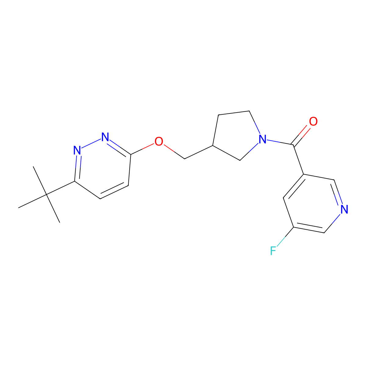 3-Tert-butyl-6-{[1-(5-fluoropyridine-3-carbonyl)pyrrolidin-3-yl]methoxy}pyridazine molecular structure, CAS 2548997-32-4