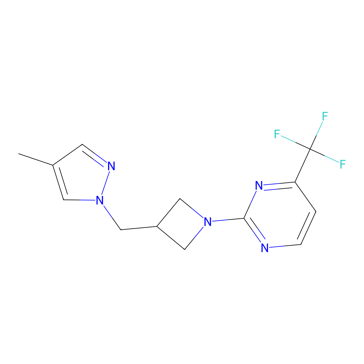 2-{3-[(4-methyl-1H-pyrazol-1-yl)methyl]azetidin-1-yl}-4-(trifluoromethyl)pyrimidine molecular structure, CAS 2548997-38-0