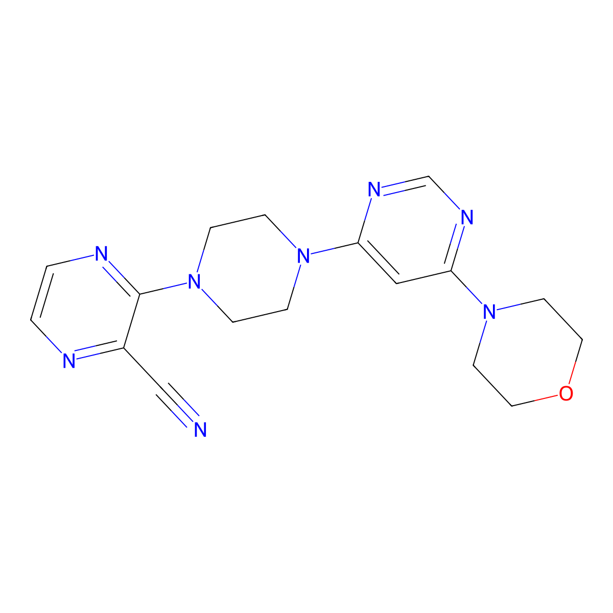 3-{4-[6-(Morpholin-4-yl)pyrimidin-4-yl]piperazin-1-yl}pyrazine-2-carbonitrile molecular structure, CAS 2548997-42-6