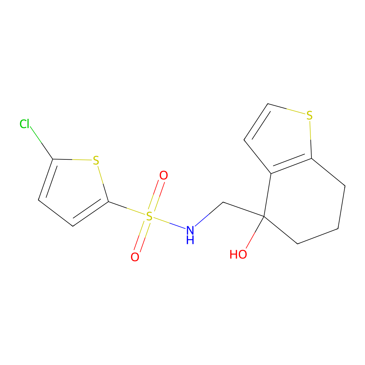 5-chloro-N-[(4-hydroxy-4,5,6,7-tetrahydro-1-benzothiophen-4-yl)methyl]thiophene-2-sulfonamide molecular structure, CAS 2548997-46-0