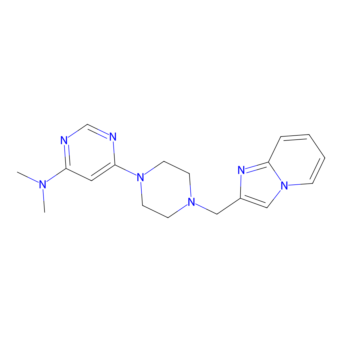 6-[4-({imidazo[1,2-a]pyridin-2-yl}methyl)piperazin-1-yl]-N,N-dimethylpyrimidin-4-amine molecular structure, CAS 2548997-48-2