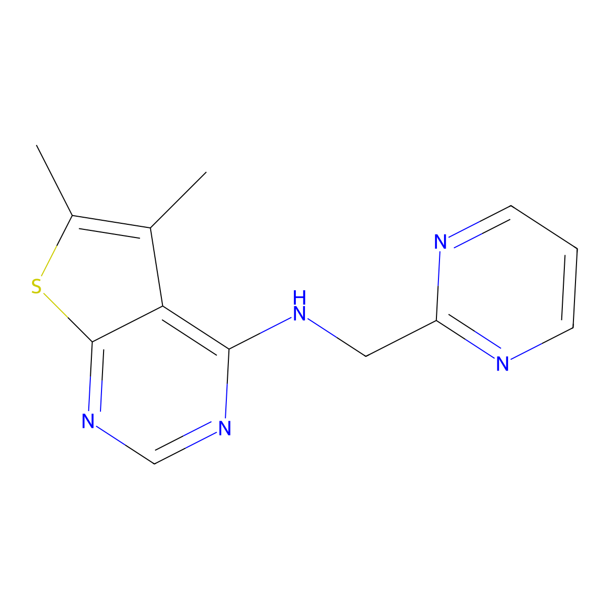 5,6-dimethyl-N-[(pyrimidin-2-yl)methyl]thieno[2,3-d]pyrimidin-4-amine molecular structure, CAS 2548997-58-4