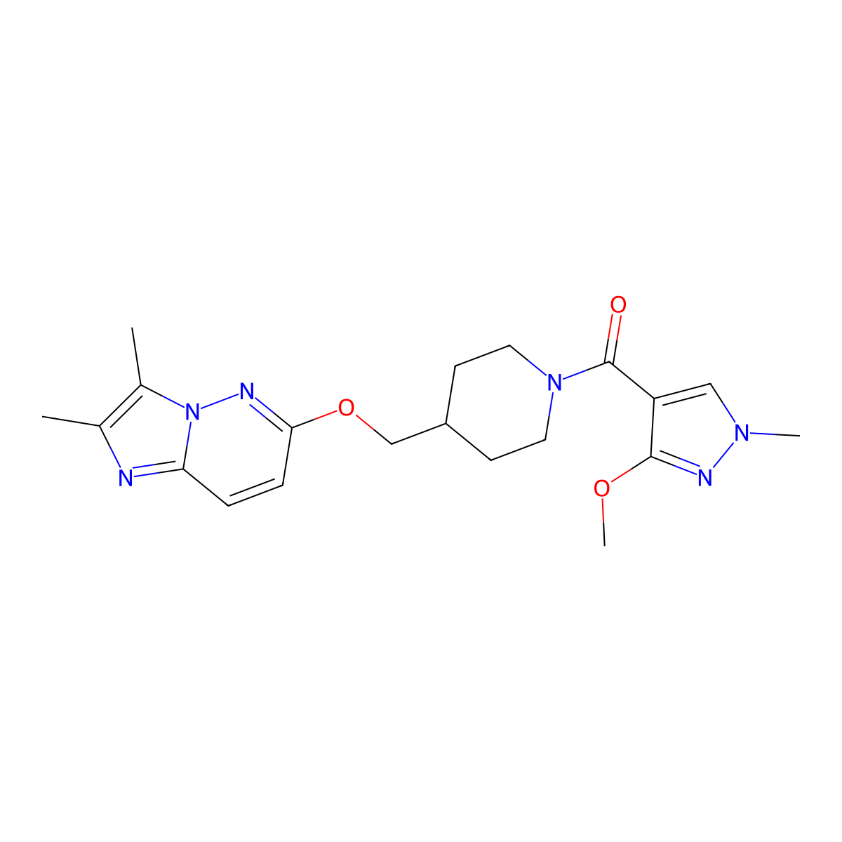 4-[({2,3-dimethylimidazo[1,2-b]pyridazin-6-yl}oxy)methyl]-1-(3-methoxy-1-methyl-1H-pyrazole-4-carbonyl)piperidine molecular structure, CAS 2548997-70-0