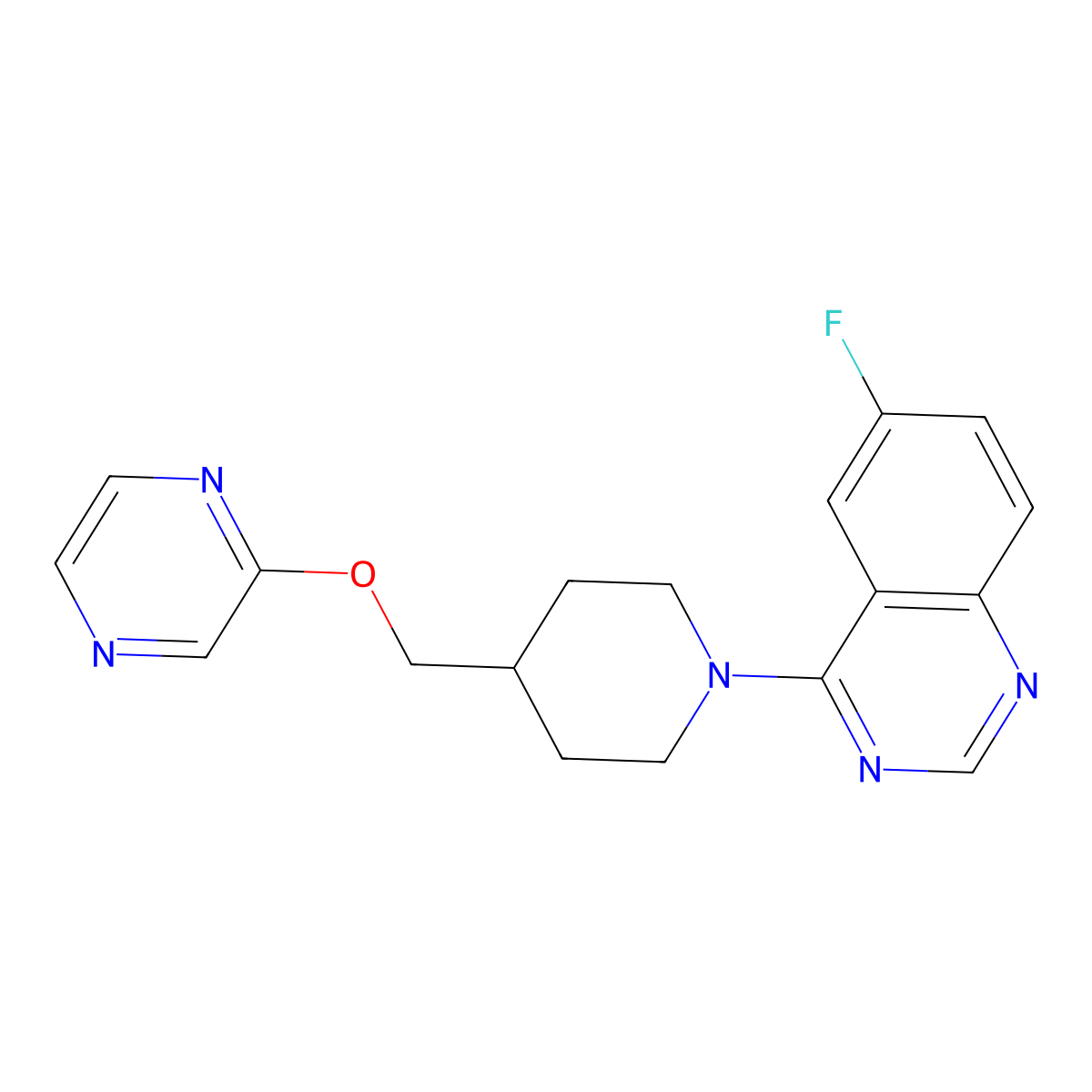 6-Fluoro-4-{4-[(pyrazin-2-yloxy)methyl]piperidin-1-yl}quinazoline molecular structure, CAS 2548997-86-8