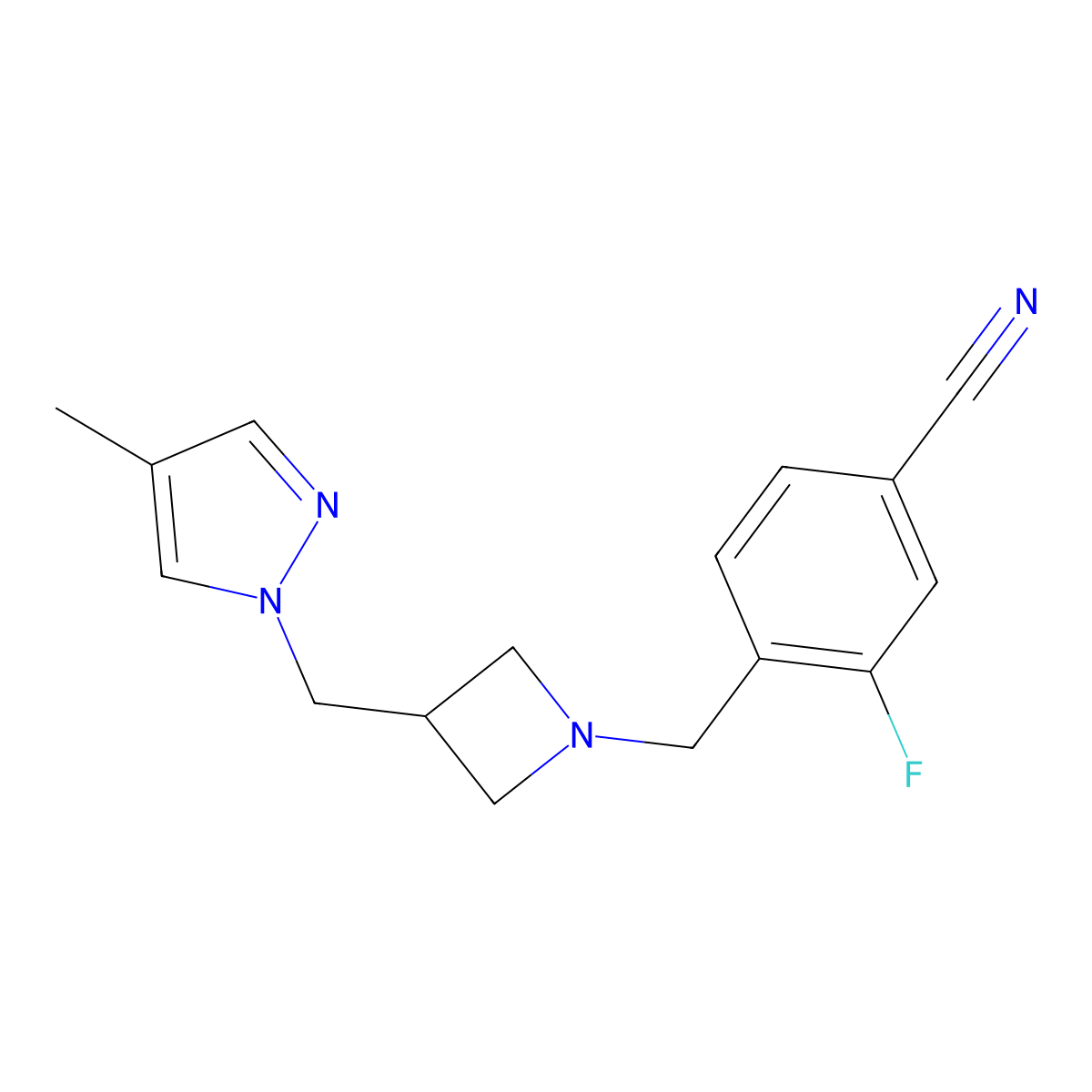 3-fluoro-4-({3-[(4-methyl-1H-pyrazol-1-yl)methyl]azetidin-1-yl}methyl)benzonitrile molecular structure, CAS 2548997-87-9