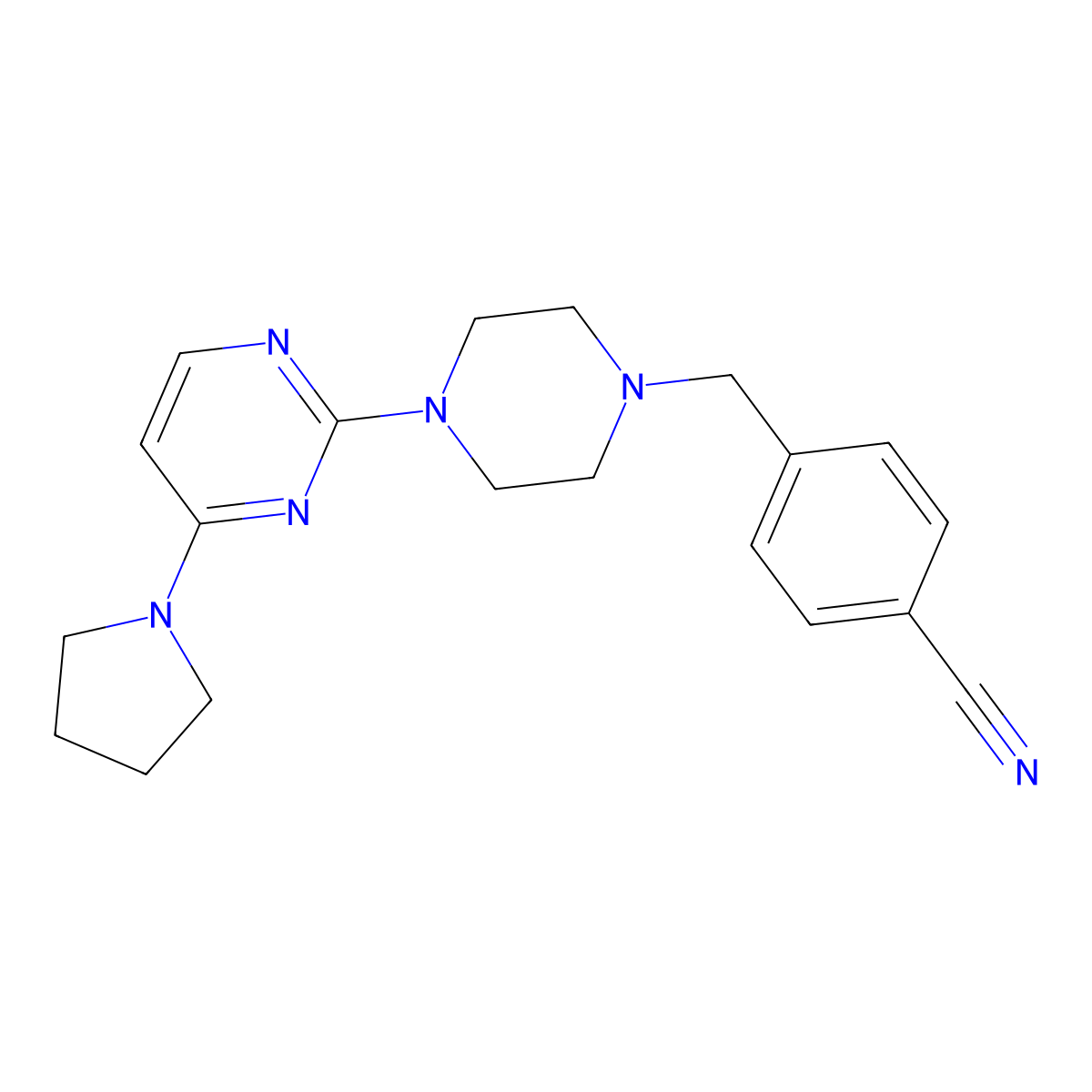 4-({4-[4-(Pyrrolidin-1-yl)pyrimidin-2-yl]piperazin-1-yl}methyl)benzonitrile molecular structure, CAS 2548997-93-7