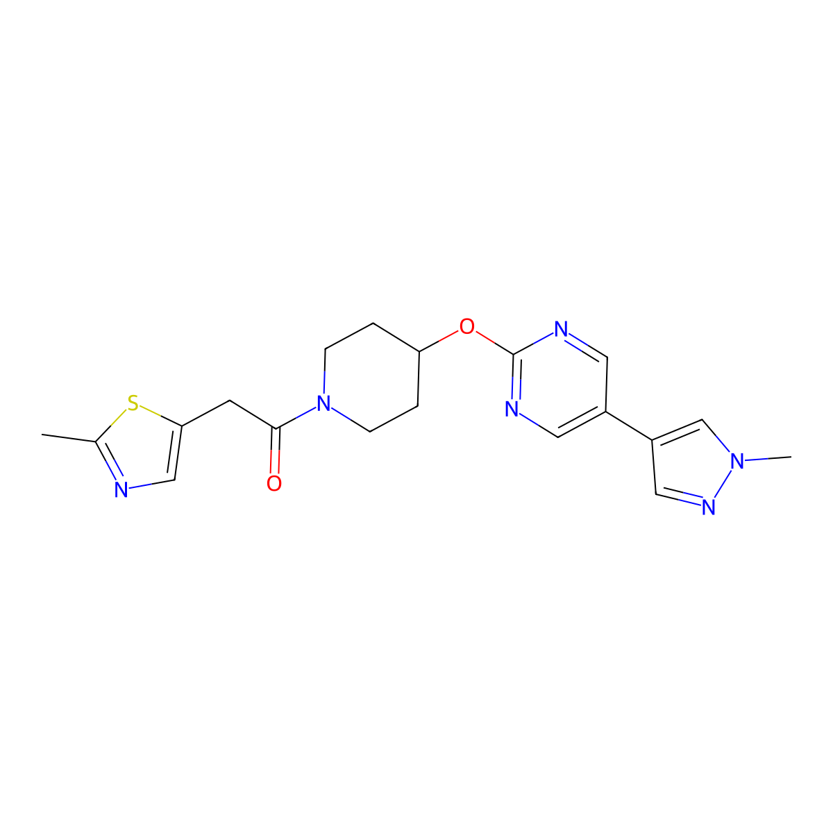 2-(2-methyl-1,3-thiazol-5-yl)-1-(4-{[5-(1-methyl-1H-pyrazol-4-yl)pyrimidin-2-yl]oxy}piperidin-1-yl)ethan-1-one molecular structure, CAS 2548997-98-2