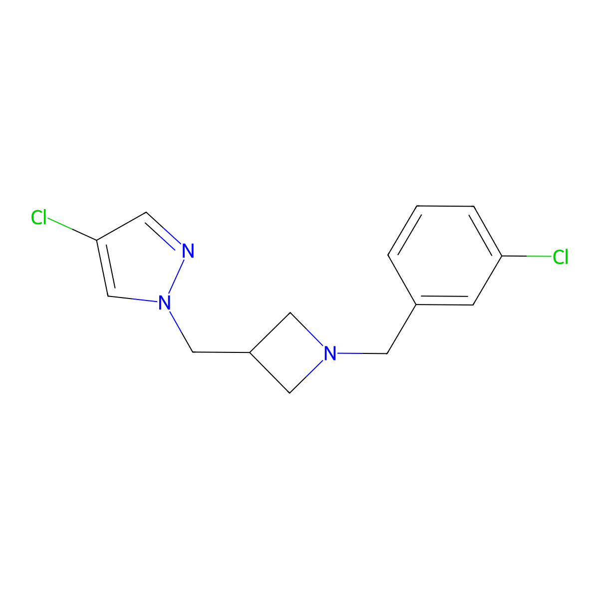 4-chloro-1-({1-[(3-chlorophenyl)methyl]azetidin-3-yl}methyl)-1H-pyrazole molecular structure, CAS 2548998-11-2