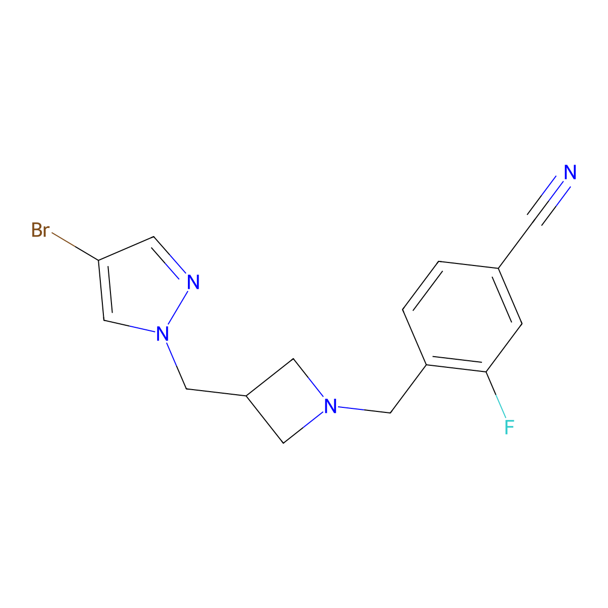 4-({3-[(4-bromo-1H-pyrazol-1-yl)methyl]azetidin-1-yl}methyl)-3-fluorobenzonitrile molecular structure, CAS 2548998-13-4