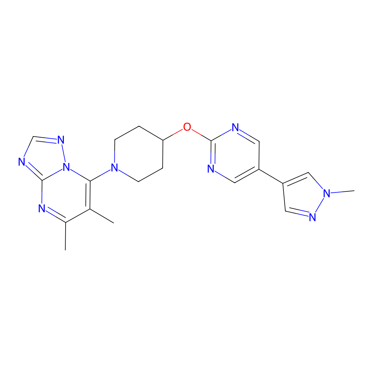 2-[(1-{5,6-dimethyl-[1,2,4]triazolo[1,5-a]pyrimidin-7-yl}piperidin-4-yl)oxy]-5-(1-methyl-1H-pyrazol-4-yl)pyrimidine molecular structure, CAS 2548998-31-6