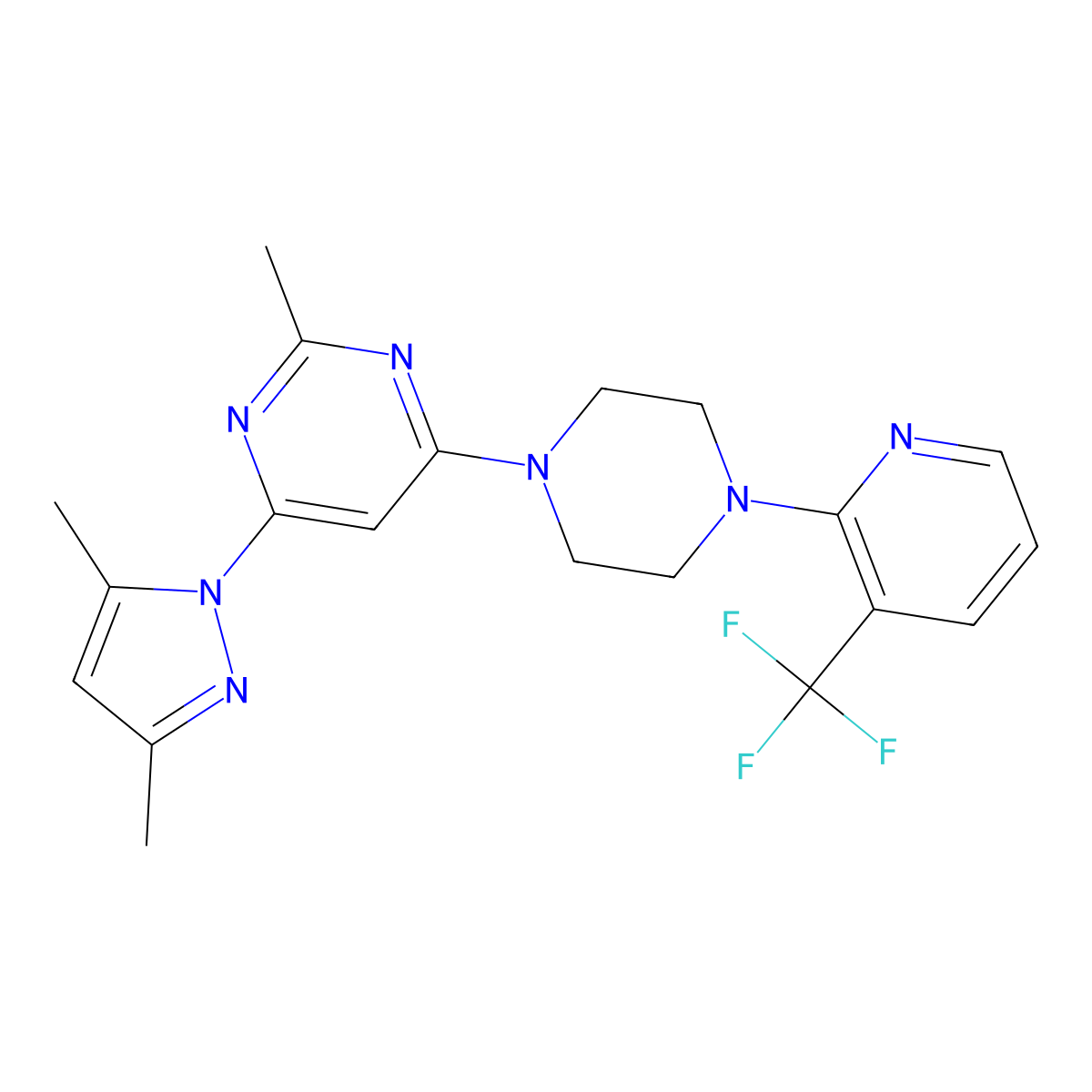 4-(3,5-dimethyl-1H-pyrazol-1-yl)-2-methyl-6-{4-[3-(trifluoromethyl)pyridin-2-yl]piperazin-1-yl}pyrimidine molecular structure, CAS 2548998-34-9