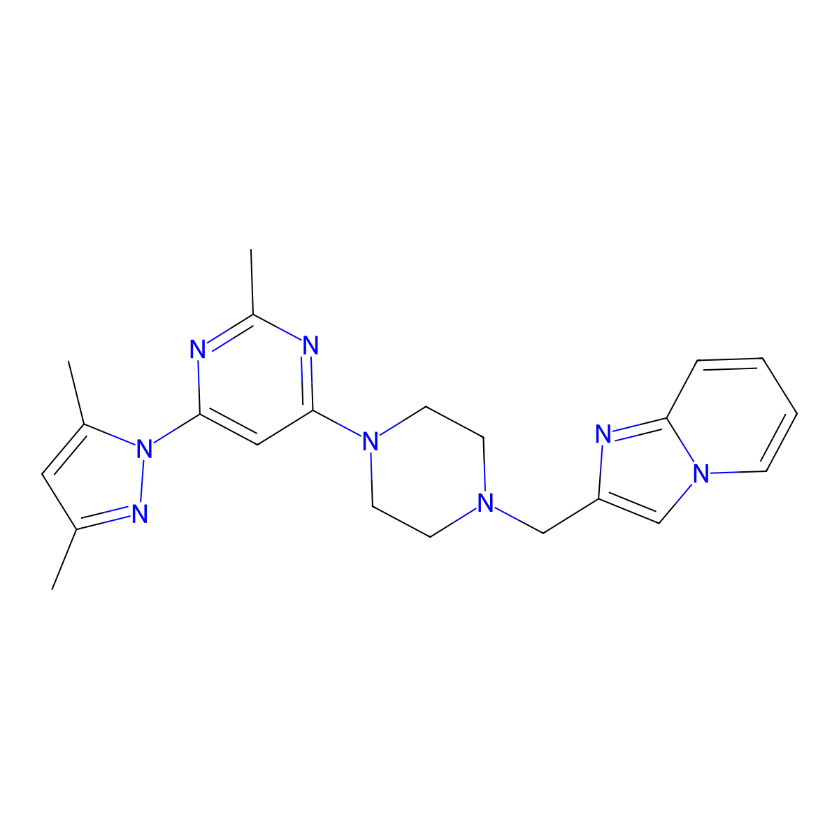 4-(3,5-dimethyl-1H-pyrazol-1-yl)-6-[4-({imidazo[1,2-a]pyridin-2-yl}methyl)piperazin-1-yl]-2-methylpyrimidine molecular structure, CAS 2548998-36-1