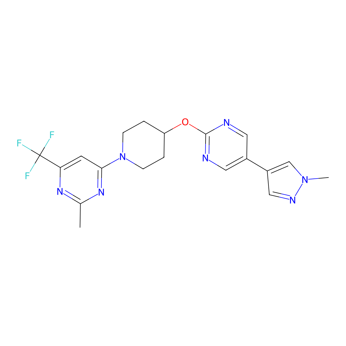 2-methyl-4-(4-{[5-(1-methyl-1H-pyrazol-4-yl)pyrimidin-2-yl]oxy}piperidin-1-yl)-6-(trifluoromethyl)pyrimidine molecular structure, CAS 2548998-43-0