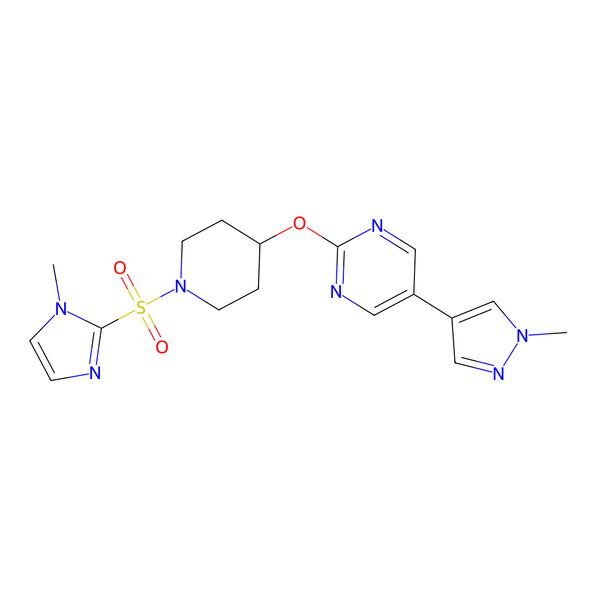 2-({1-[(1-methyl-1H-imidazol-2-yl)sulfonyl]piperidin-4-yl}oxy)-5-(1-methyl-1H-pyrazol-4-yl)pyrimidine molecular structure, CAS 2548998-54-3