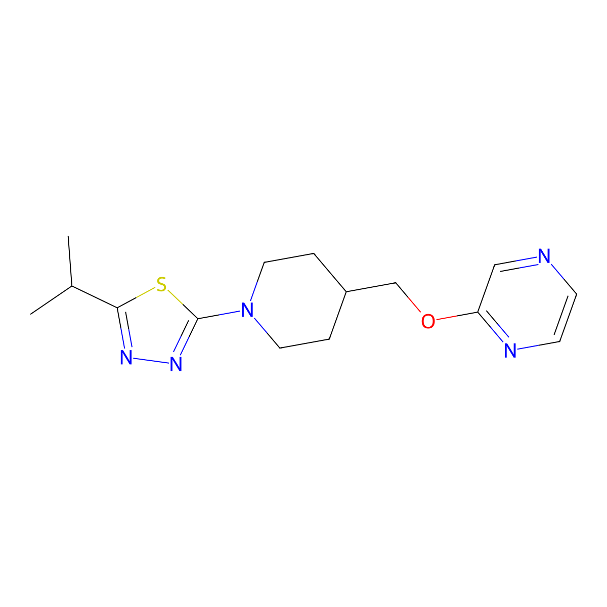 2-({1-[5-(Propan-2-yl)-1,3,4-thiadiazol-2-yl]piperidin-4-yl}methoxy)pyrazine molecular structure, CAS 2548998-55-4
