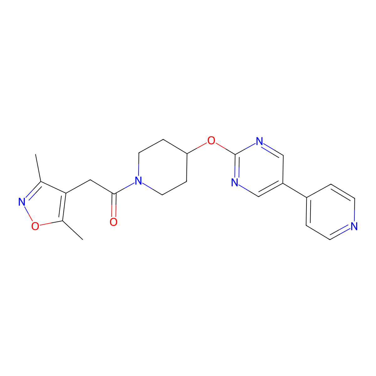 2-(3,5-Dimethyl-1,2-oxazol-4-yl)-1-(4-{[5-(pyridin-4-yl)pyrimidin-2-yl]oxy}piperidin-1-yl)ethan-1-one molecular structure, CAS 2548998-56-5