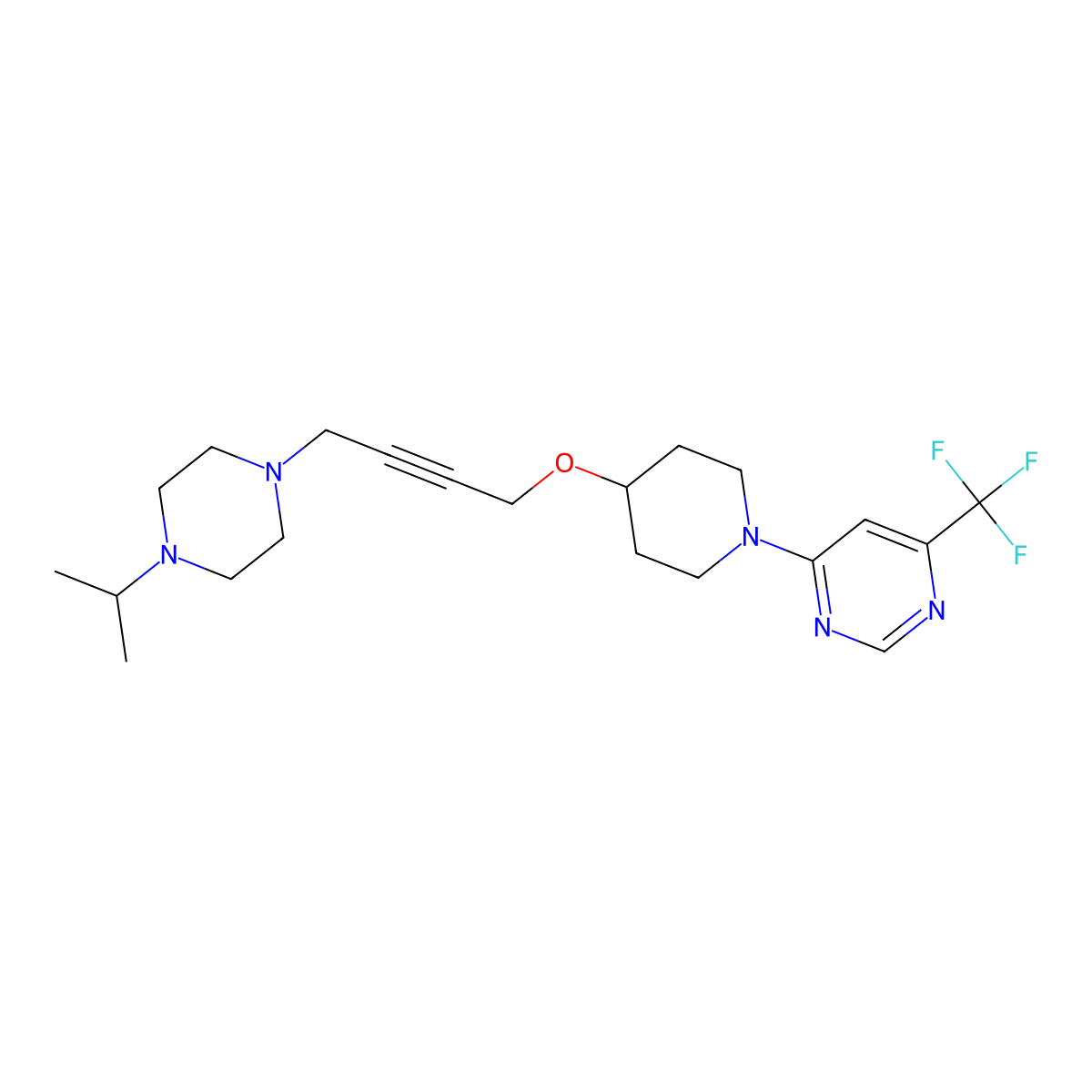 4-[4-({4-[4-(Propan-2-yl)piperazin-1-yl]but-2-yn-1-yl}oxy)piperidin-1-yl]-6-(trifluoromethyl)pyrimidine molecular structure, CAS 2548998-60-1