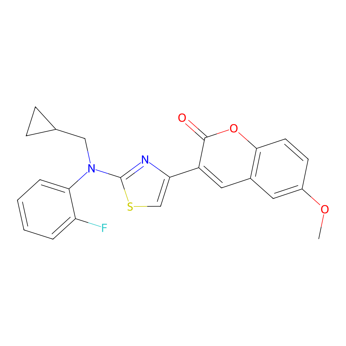 3-{2-[(cyclopropylmethyl)(2-fluorophenyl)amino]-1,3-thiazol-4-yl}-6-methoxy-2H-chromen-2-one molecular structure, CAS 2548998-66-7