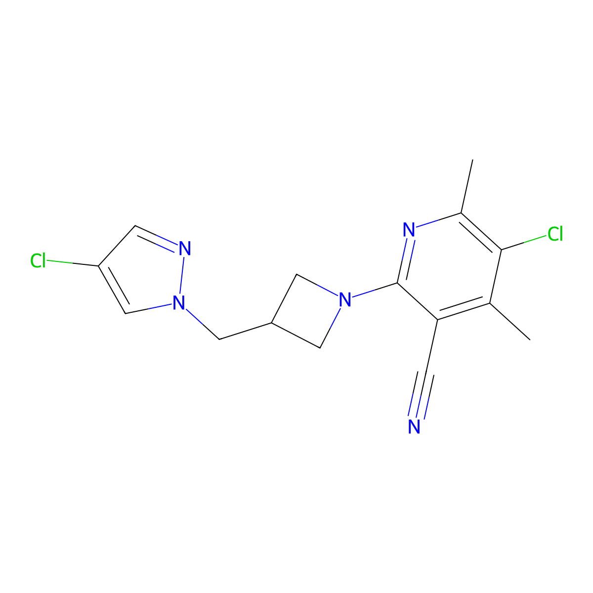 5-chloro-2-{3-[(4-chloro-1H-pyrazol-1-yl)methyl]azetidin-1-yl}-4,6-dimethylpyridine-3-carbonitrile molecular structure, CAS 2548998-75-8