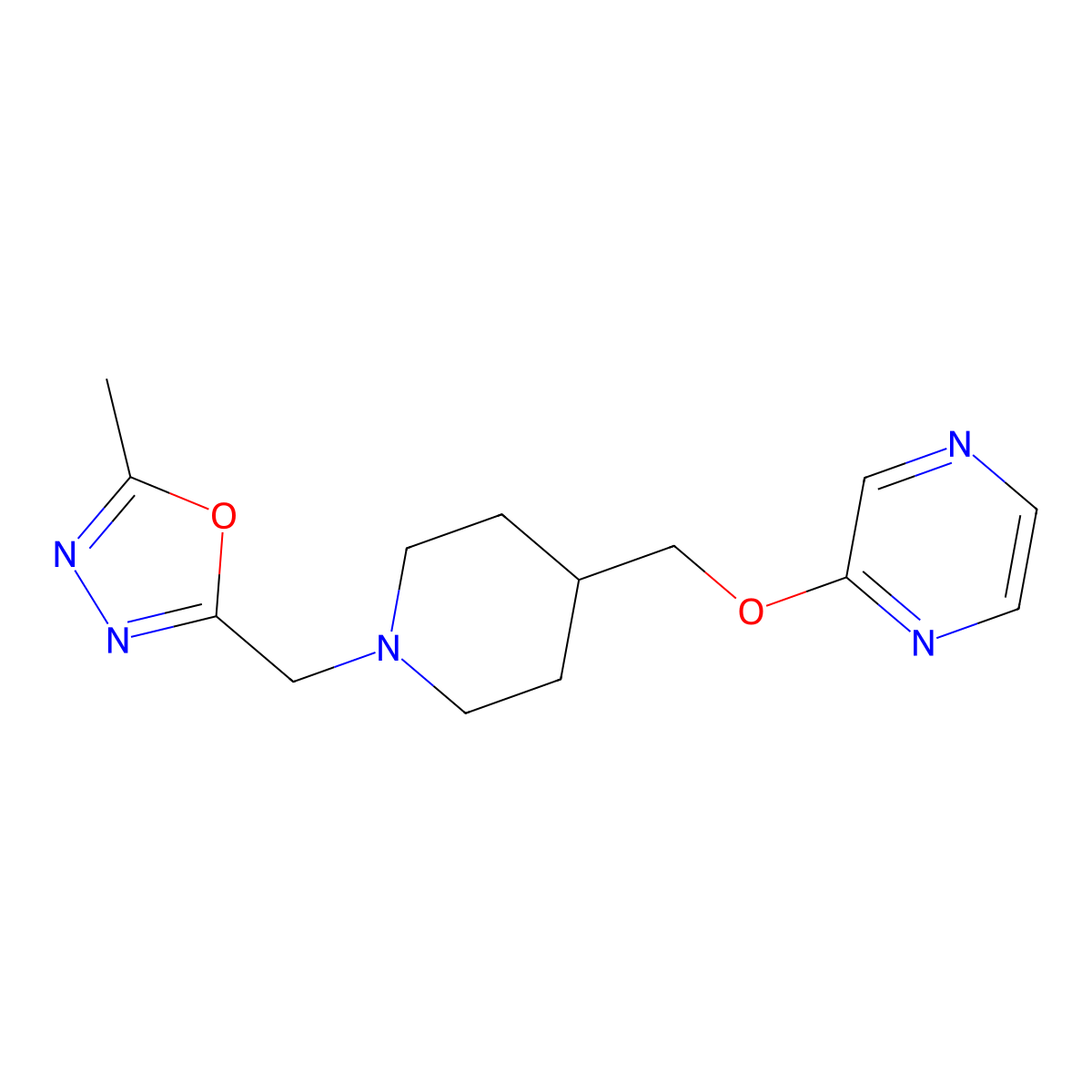2-({1-[(5-Methyl-1,3,4-oxadiazol-2-yl)methyl]piperidin-4-yl}methoxy)pyrazine molecular structure, CAS 2548998-79-2