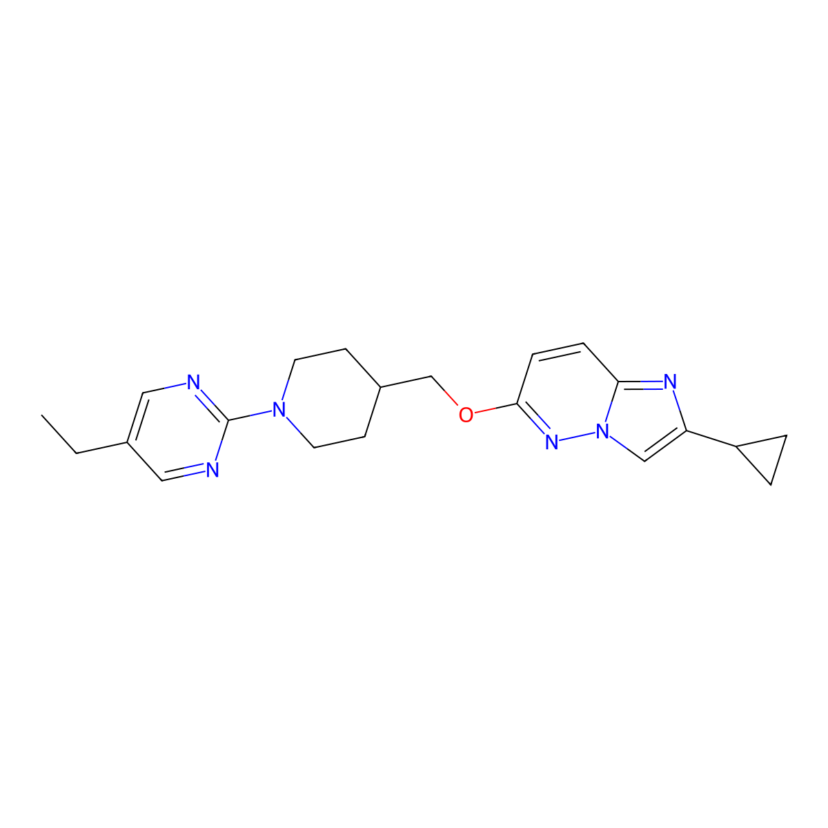 2-{4-[({2-Cyclopropylimidazo[1,2-b]pyridazin-6-yl}oxy)methyl]piperidin-1-yl}-5-ethylpyrimidine molecular structure, CAS 2548998-82-7