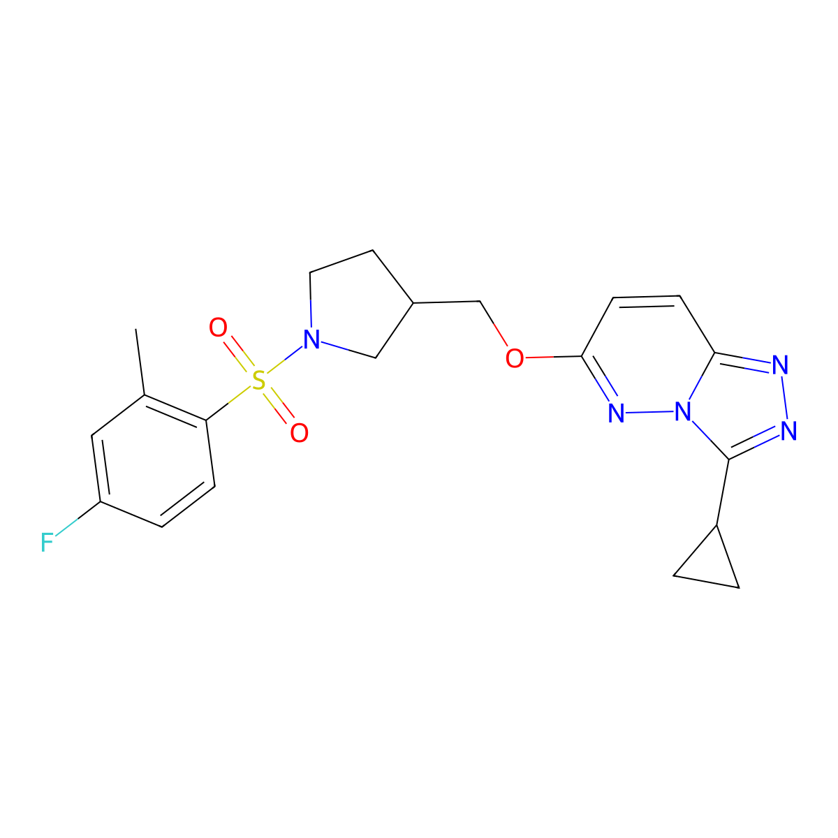 3-[({3-Cyclopropyl-[1,2,4]triazolo[4,3-b]pyridazin-6-yl}oxy)methyl]-1-(4-fluoro-2-methylbenzenesulfonyl)pyrrolidine molecular structure, CAS 2548998-83-8