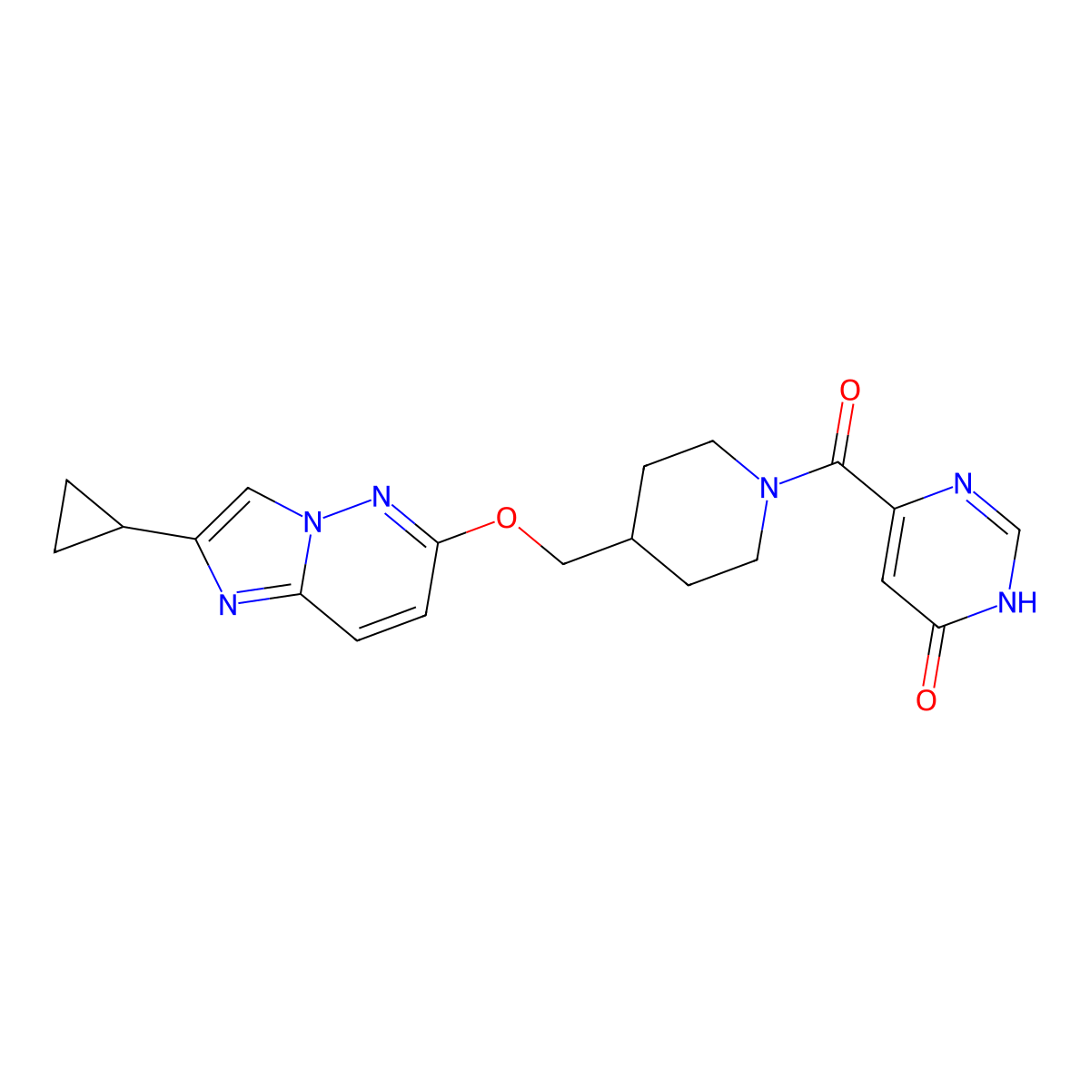 6-{4-[({2-Cyclopropylimidazo[1,2-b]pyridazin-6-yl}oxy)methyl]piperidine-1-carbonyl}-3,4-dihydropyrimidin-4-one molecular structure, CAS 2548998-86-1