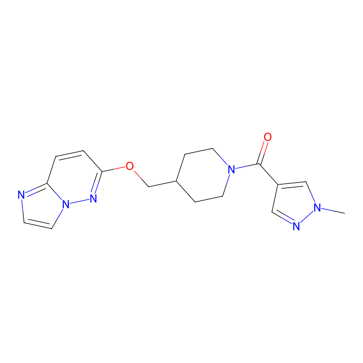 4-({imidazo[1,2-b]pyridazin-6-yloxy}methyl)-1-(1-methyl-1H-pyrazole-4-carbonyl)piperidine molecular structure, CAS 2548998-90-7