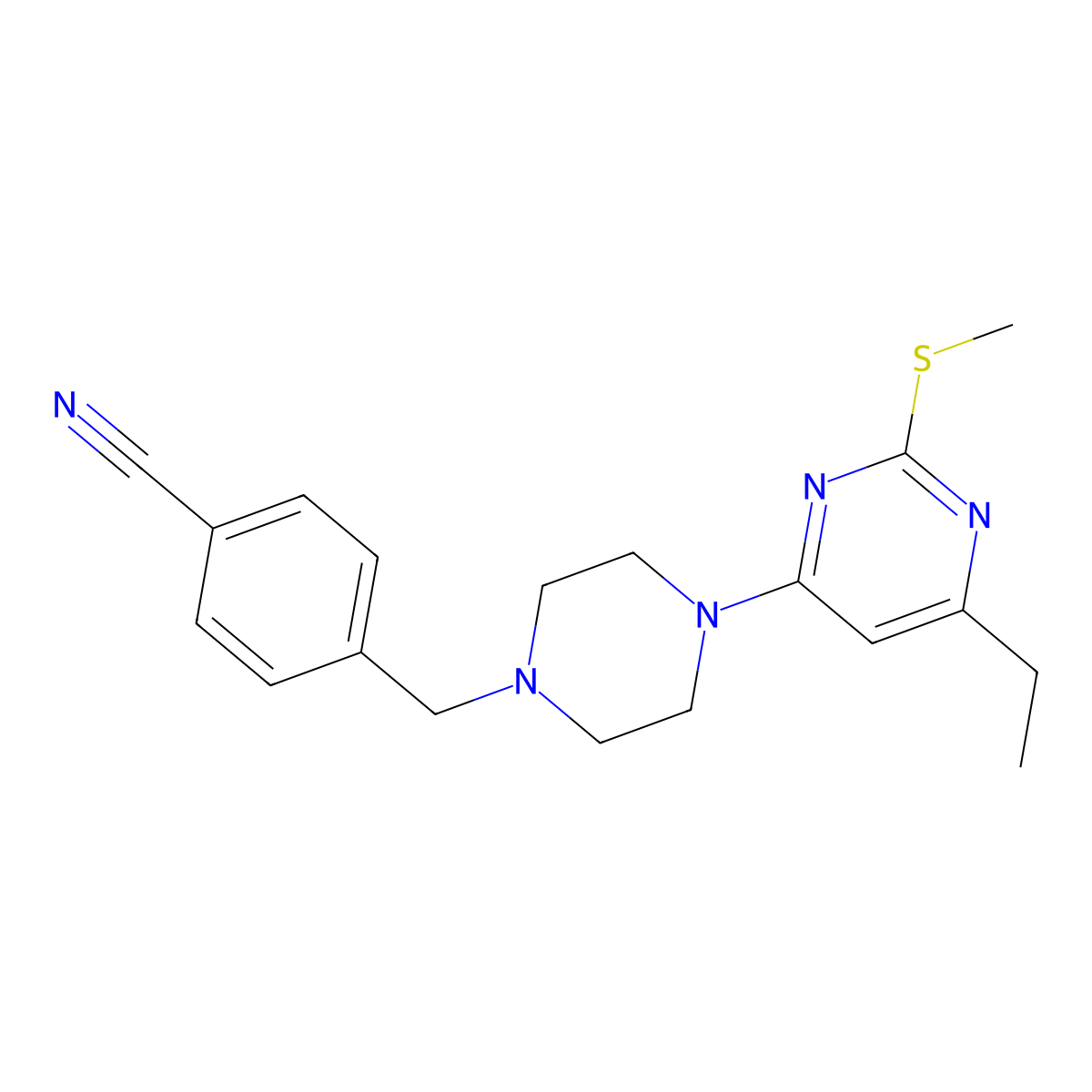 4-({4-[6-Ethyl-2-(methylsulfanyl)pyrimidin-4-yl]piperazin-1-yl}methyl)benzonitrile molecular structure, CAS 2548999-00-2