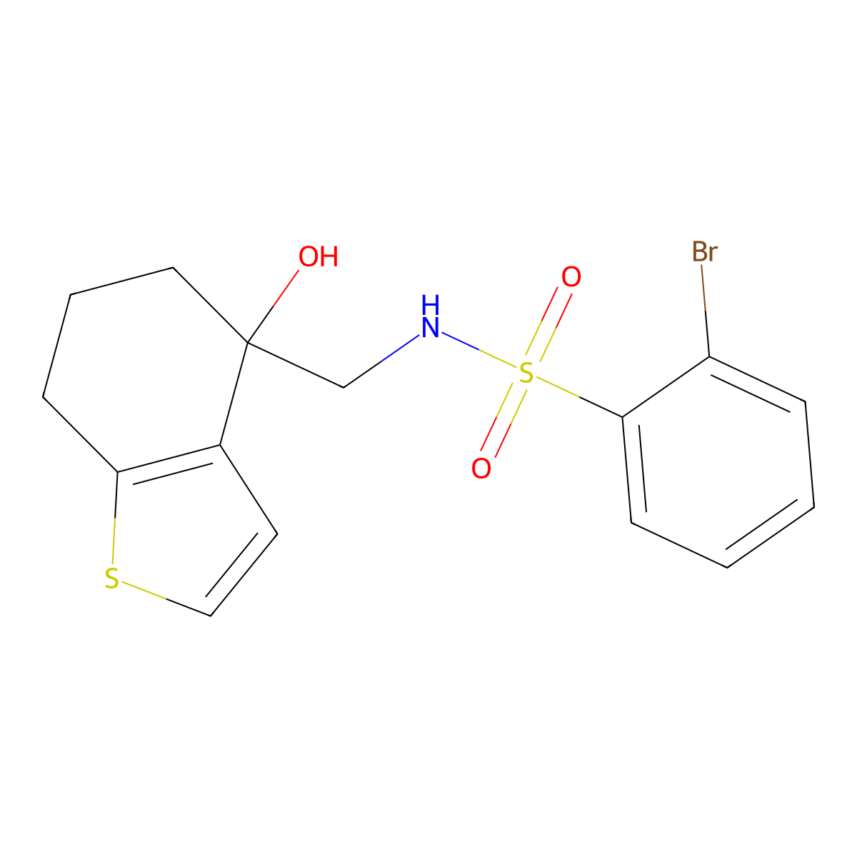 2-bromo-N-[(4-hydroxy-4,5,6,7-tetrahydro-1-benzothiophen-4-yl)methyl]benzene-1-sulfonamide molecular structure, CAS 2548999-04-6