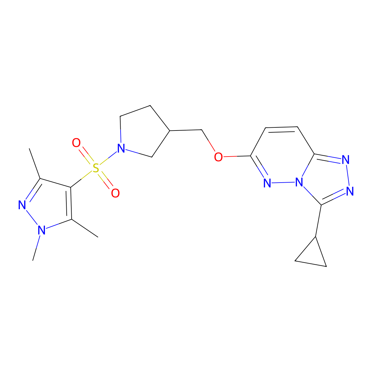 4-({3-[({3-cyclopropyl-[1,2,4]triazolo[4,3-b]pyridazin-6-yl}oxy)methyl]pyrrolidin-1-yl}sulfonyl)-1,3,5-trimethyl-1H-pyrazole molecular structure, CAS 2548999-05-7