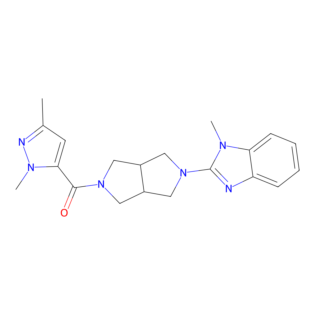 2-[5-(1,3-dimethyl-1H-pyrazole-5-carbonyl)-octahydropyrrolo[3,4-c]pyrrol-2-yl]-1-methyl-1H-1,3-benzodiazole molecular structure, CAS 2548999-06-8