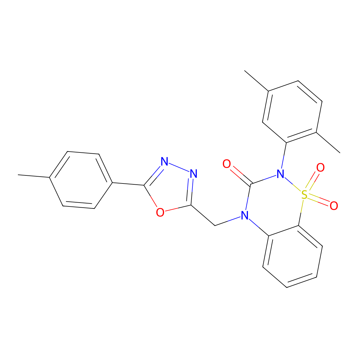 2-(2,5-dimethylphenyl)-4-{[5-(4-methylphenyl)-1,3,4-oxadiazol-2-yl]methyl}-3,4-dihydro-2H-1lambda6,2,4-benzothiadiazine-1,1,3-trione molecular structure, CAS 2548999-08-0