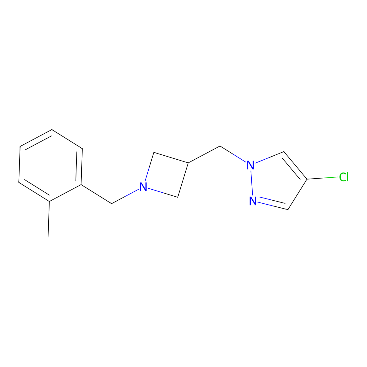 4-chloro-1-({1-[(2-methylphenyl)methyl]azetidin-3-yl}methyl)-1H-pyrazole molecular structure, CAS 2548999-14-8