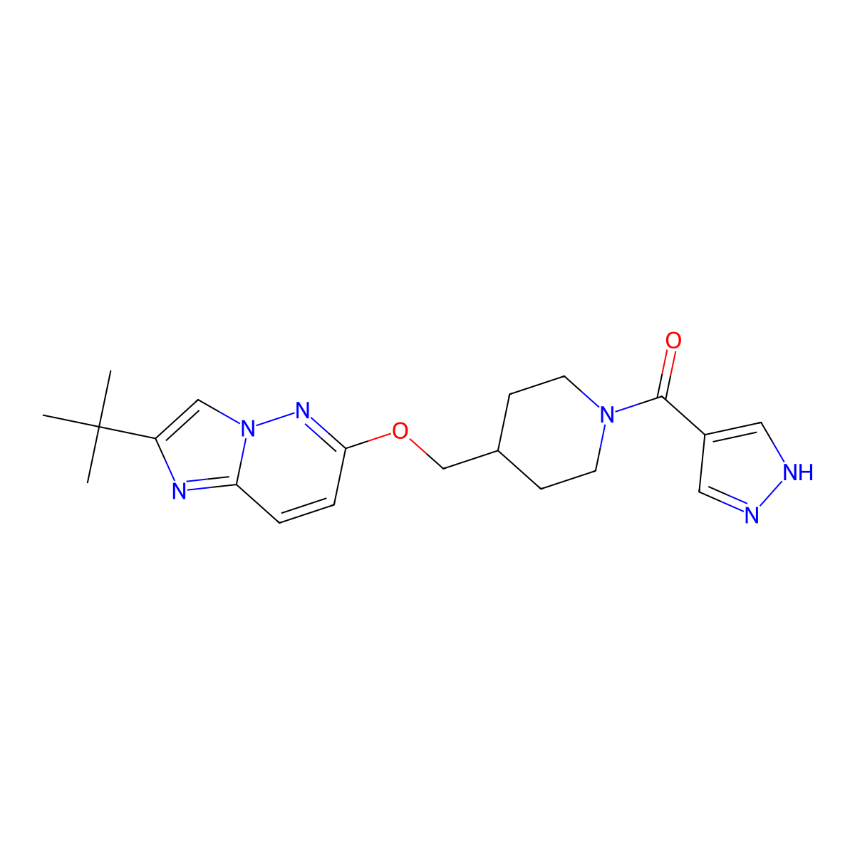 4-[({2-tert-butylimidazo[1,2-b]pyridazin-6-yl}oxy)methyl]-1-(1H-pyrazole-4-carbonyl)piperidine molecular structure, CAS 2548999-36-4