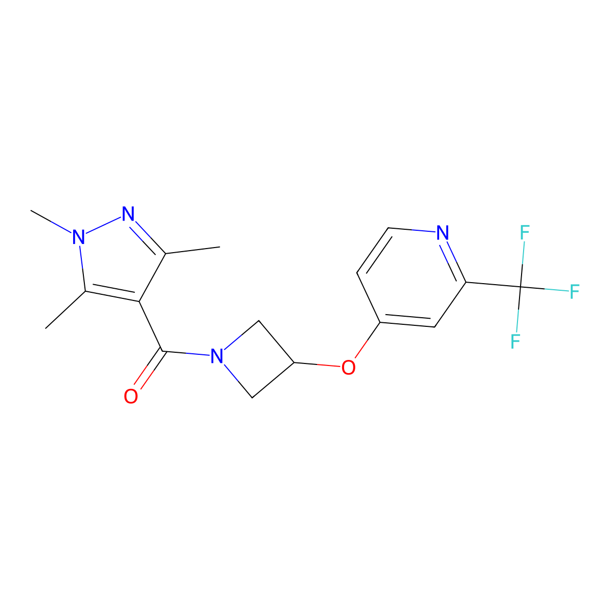 2-(trifluoromethyl)-4-{[1-(1,3,5-trimethyl-1H-pyrazole-4-carbonyl)azetidin-3-yl]oxy}pyridine molecular structure, CAS 2548999-37-5
