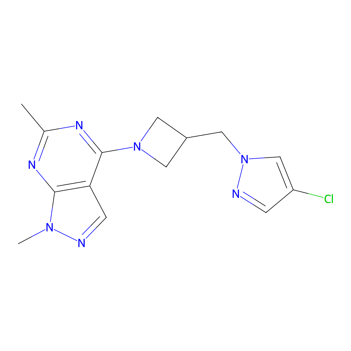 4-chloro-1-[(1-{1,6-dimethyl-1H-pyrazolo[3,4-d]pyrimidin-4-yl}azetidin-3-yl)methyl]-1H-pyrazole molecular structure, CAS 2548999-46-6